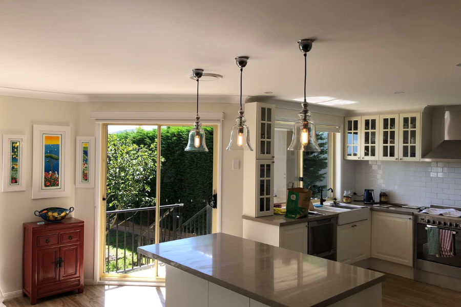 Kitchen lights installed by a residential electrician from Eddy Cullen Electrical.