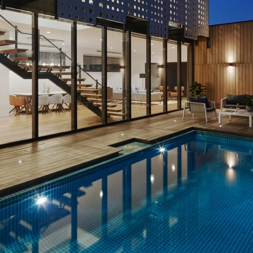 Home-Lighting-Outdoor-Indoor-Lighting-Installation-Bowral Indoor of residential home and outdoor pool lighting installed by Eddy Cullen Electrical services in Bowral.